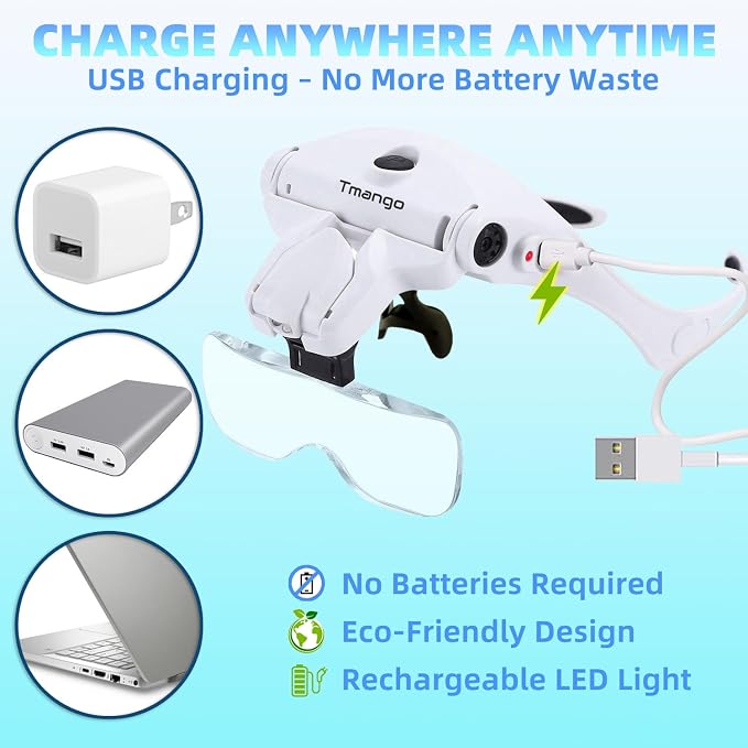 Rechargeable Lighted Headband Magnifier – Hands-Free Magnifying Tool for Jewelry, Eyelash Extensions, Watch Repair, Cross Stitch and Crafts