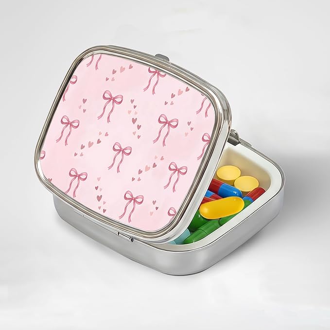 LRITER Pill Case, 2 Compartment Portable Small Travel Pill Organizer for Purse and Pocket, Stylish Medicine Case with Multiple Patterns, Daily Pillbox for Home & Travel (Bow)
