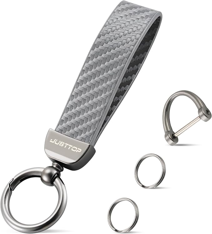 JUSTTOP Leather Keychain, Carbon Fiber Car Key Chain with Anti-Lost D-Ring and 2 Key Ring, Keychain Wristlet, Car Accessories, Universal Keychain for Men and Women (Grey)