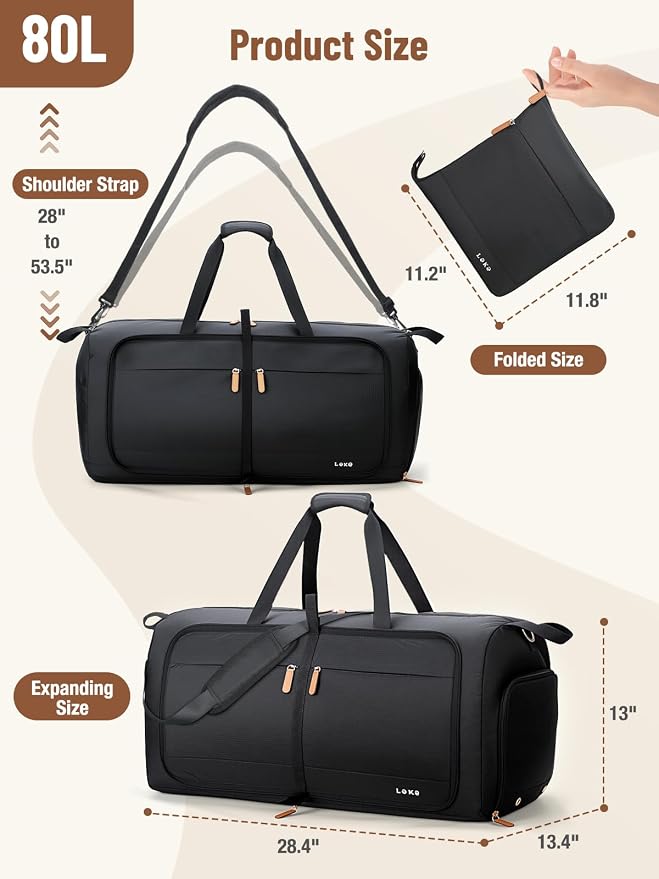 Lekesky Foldable Travel Duffle Bag for Women, 80L Large Duffel Bag with Separate Shoes Compartments & Straps, Carry On Weekend Bag for Women, Hospital, Overnight (Black)