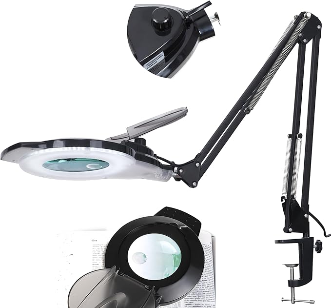 KIRKAS 12X 30X LED Magnifying Lamp with Clamp, 2,200 Lumens Dimmable Bright | 28in Adjust Swivel Arm Magnifying Glass with Light for Repair Reading Craft Needlework Hobby Workbench Magnifier Dust Cover