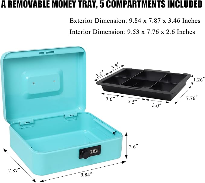 Jssmst Large Cash Box with Combination Lock - Durable Metal Cash Box with Money Tray, light blue (9.84 x 7.87 x 3.46)