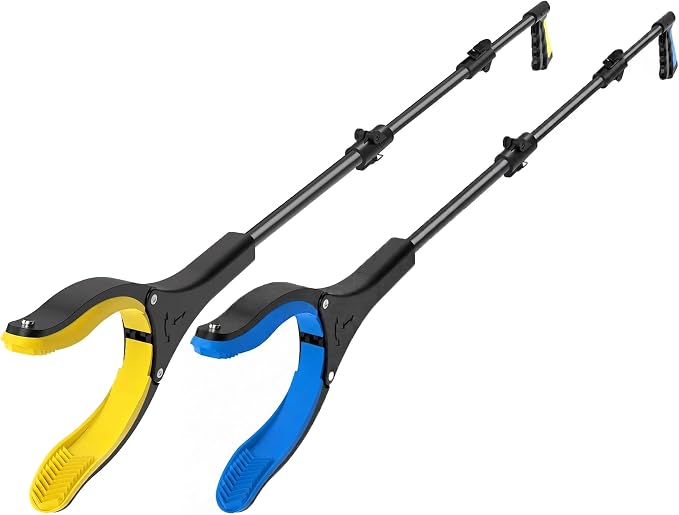 2Pack Extra Long Grabber Reacher Tool，Foldable Trash Pick Up Stick for Seniors with Strong Grip Magnetic，360°Rotating Anti-Slip Jaw 4" Wide Claw Opening,Hand Grabber (YellowBlack+Blueblack, 44INCH)
