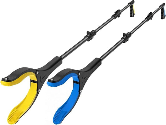 2Pack Extra Long Grabber Reacher Tool，Foldable Trash Pick Up Stick for Seniors with Strong Grip Magnetic，360°Rotating Anti-Slip Jaw 4" Wide Claw Opening,Hand Grabber (YellowBlack+Blueblack, 44INCH)
