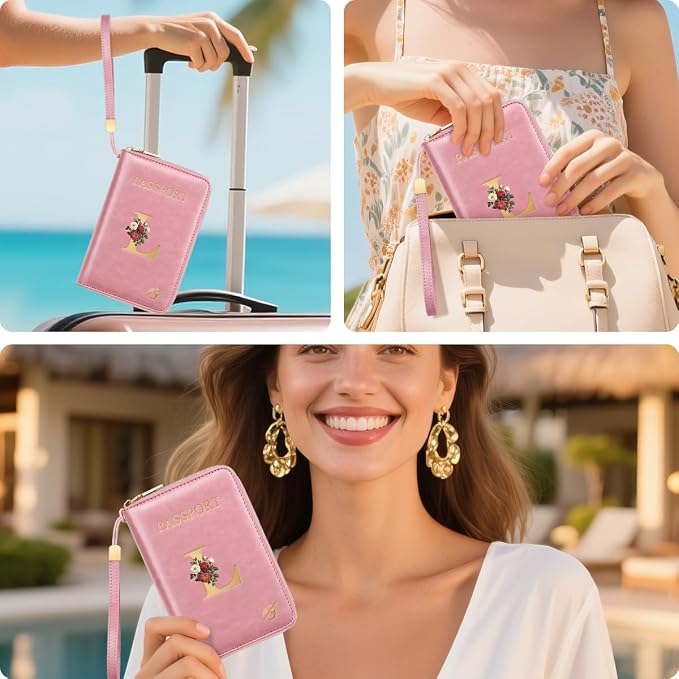 Passport Holder for Travel Personalized Wallet with Wristlet Women | All-in-One Passport Cover, RFID Blocking, Back Coin Pocket, Paper Money Slot, Zipper Closure, Roses Initial Letter, Pink L