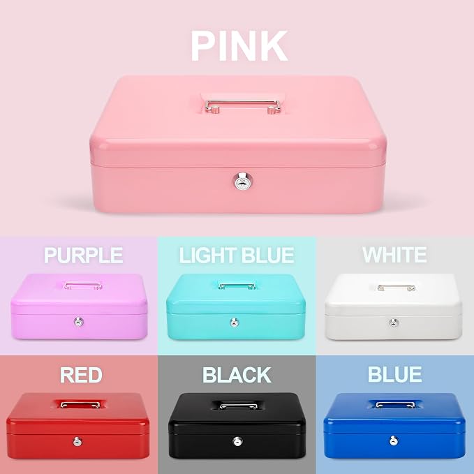 Jssmst Large Cash Box with Key Lock - Durable Metal Cash Box with Money Tray, 11.81 x 9.84 x 3.46 inches (X-Large, Pink)