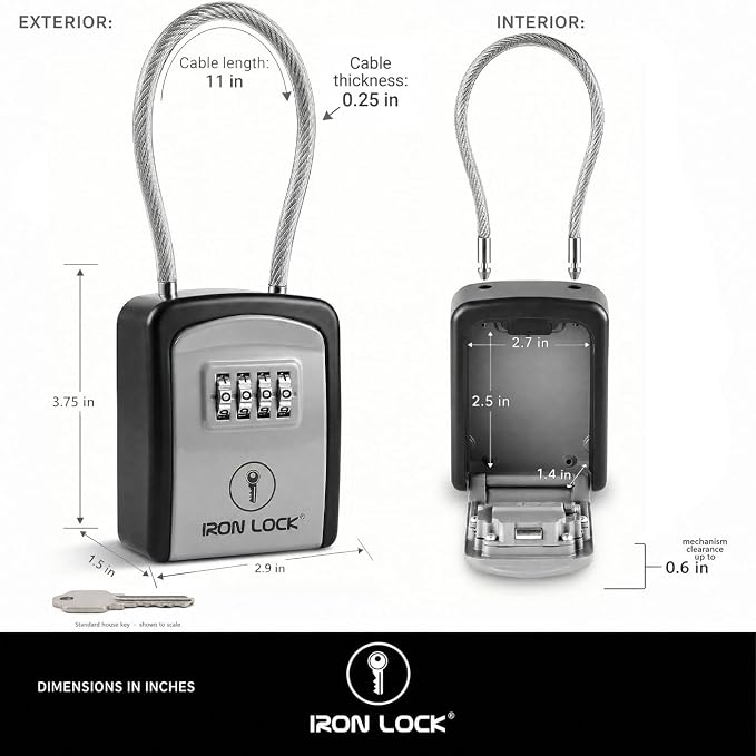 Iron Lock® Key Lock Box with Code, Portable Cable Shackle (Small, Grey) | Holds 2-3 house keys or an access card; 11-in steel cable loops on gate or rail; weather-resistant; no app or battery