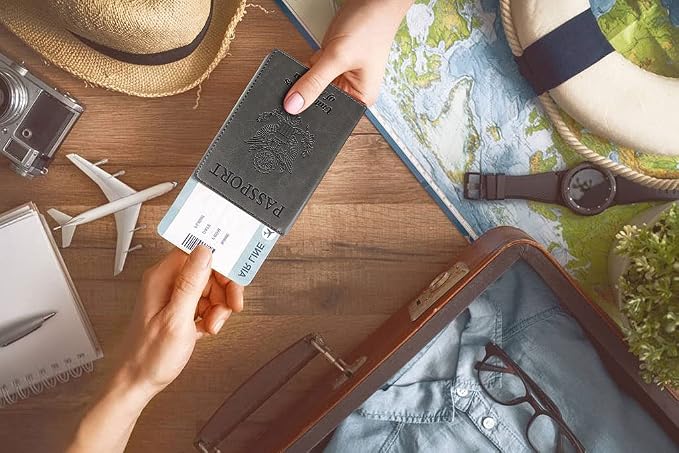 Passport Holder Cover Wallet Case RFID Blocking Leather Card Slot Travel Accessories Documents Organizer Protector for Women Men, Dark Gray