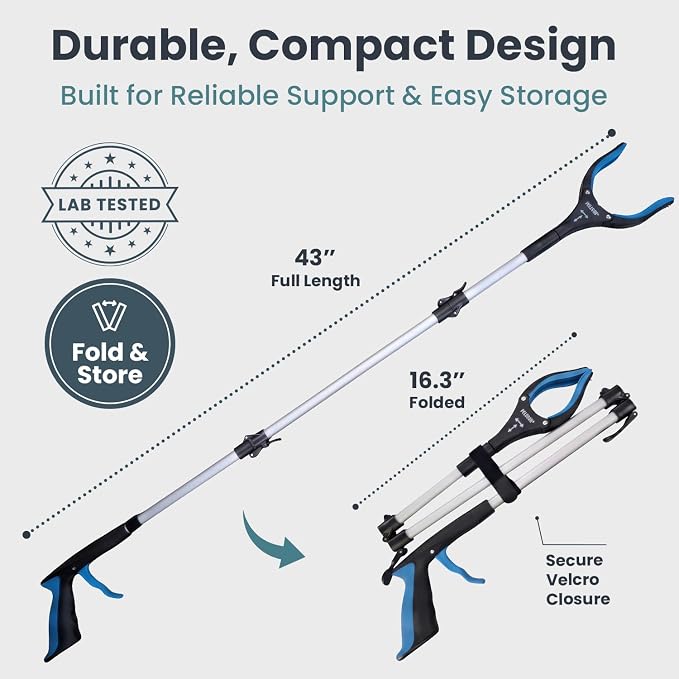 Pelegon Grabbers for Seniors Heavy Duty, 43 Inch Heavy Duty Grabber Reacher Tool, Foldable Long Reach Grabber with 90° Rotating Head, Magnetic Tips, Rubberized Grips, Aluminum Pick Up Tool - 2 Pack