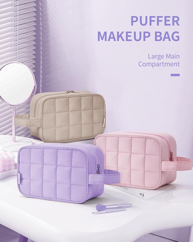 Narwey Quilted Makeup Bag Puffy Make up Bag Cosmetic Bag Organizer, Puffer Travel Toiletry Bag for Traveling Women Girl, Travel Bag for Toiletries, Skincare Medicine Bags (Purple)