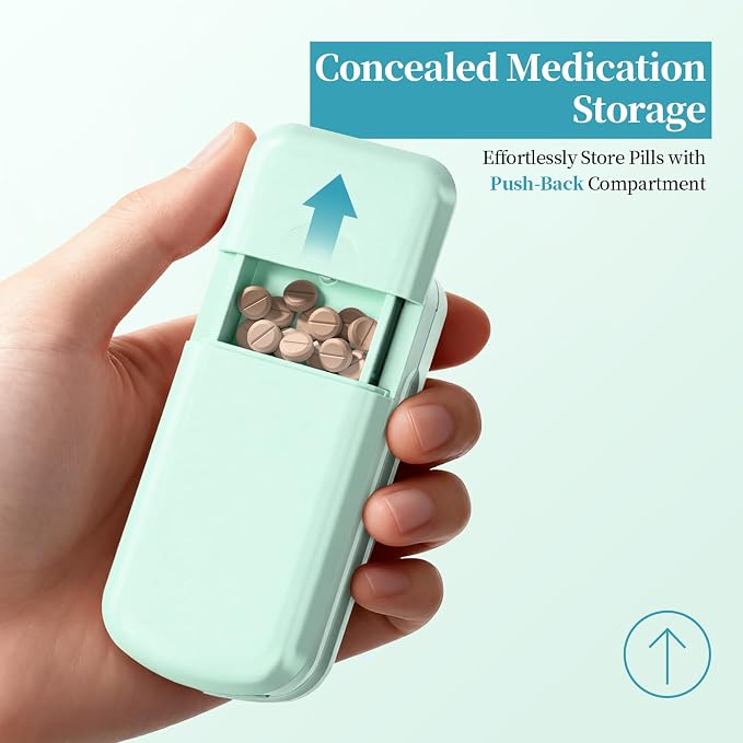 Daviky Pill Cutter Splitter for Small & Tiny Pills, Dual Safety Blades, Adjustable Centering Slot, Precise 1/2 1/3 1/4 Tablet Cutter, Built-in Storage, Portable & Senior-Friendly（Green）
