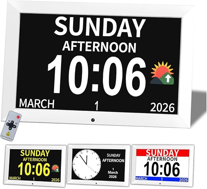 10.1 Inch White Digital Dementia Clock, Large Display Calendar Clock, 15 Medication Reminders, Auto DST, Auto Brightness Adjustment, Equipped with Remote Control (10.1inch White, Large)