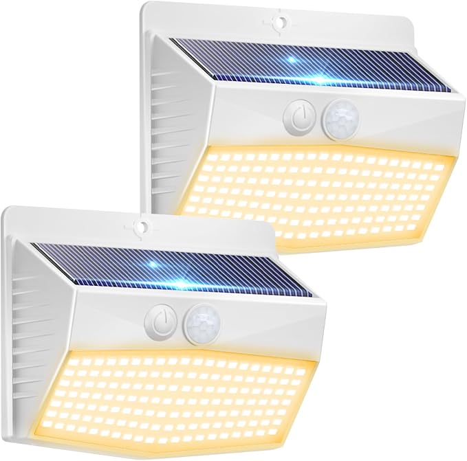 2 Pack Solar Motion Sensor Lights Outdoor Waterproof with 3 Modes | Warm White, White Frame, LED, Solar Powered, Security Lighting for Outside Wall Garden Fence Yard Deck Patio Garage