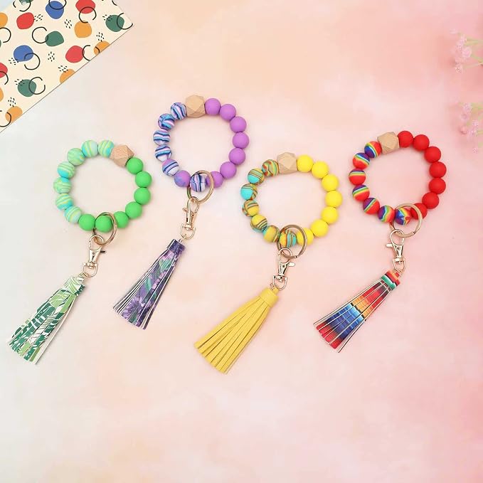 BAOSIWA Silicone Beaded Bracelet Keychain Wristlet Key Ring Bangle Chains for Women with Leather Tassel