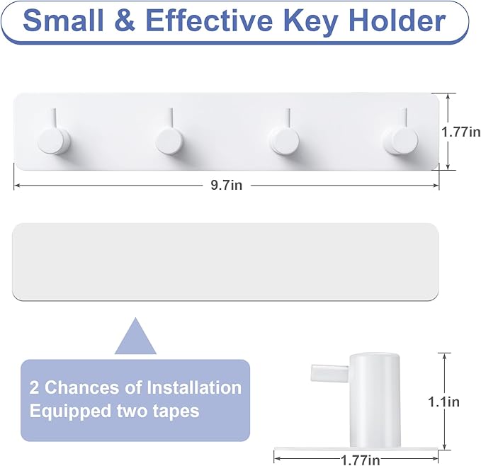 Key Holder with 4 Hooks,Adhesive Key Hanger Organizer for Wall Mount | Metal Key Rack with 2 Self-Adhesive Tapes for Entryway, Door, Bathroom, Kitchen(White)