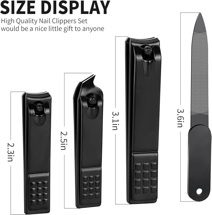 Aogeili Nail Clippers Set, Sharp Stainless Steel Fingernail & Toenail Clippers, Black Nail Cutter, Perfect 4 pcs Black Nail Cutter for Men/Women/Kids, Set Include Nail File.