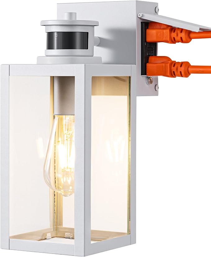EDISHINE Motion Sensor Dusk to Dawn White Outdoor Porch Light with Outlet | 12"H, GFCI, 3 Modes, Clear Glass, Dimmable, E26 Base, Waterproof Outdoor Wall Light for Front Door, Garage, Patio, White