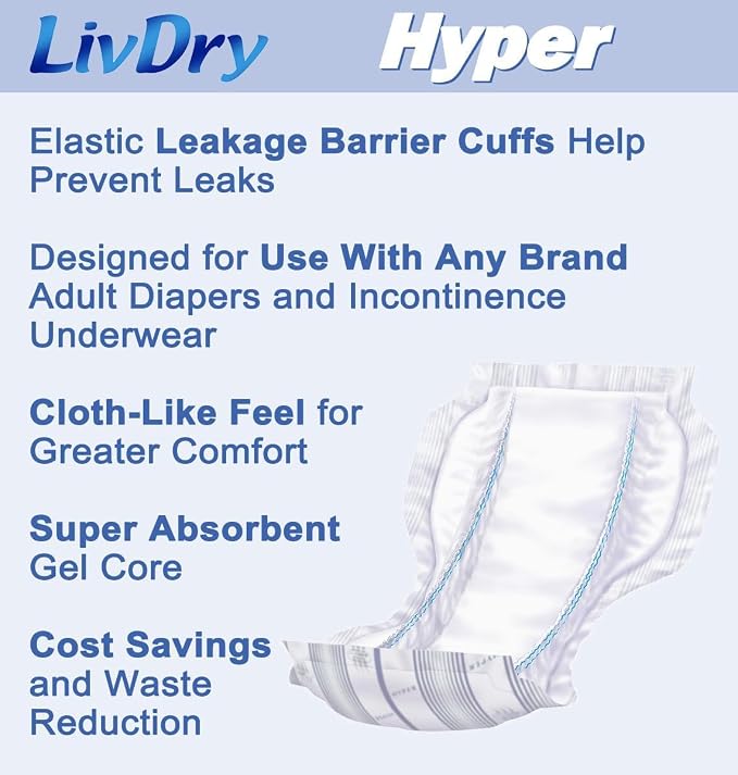 LivDry Incontinence Pad Insert for Men and Women | Extra Absorbency with Odor Control (Hyper 2800 (64 Count))