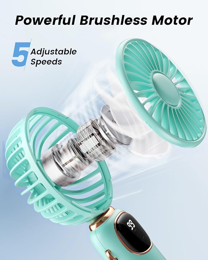 coldSky Portable Handheld Fan, 4000mAh Battery Operated Fan with LED Display, Handheld/Neck/Desk 3 in 1 Personal Small Fans, 90° Foldable Desk Fan with Base, 5 Speed Makeup Lash Fan for Women Green