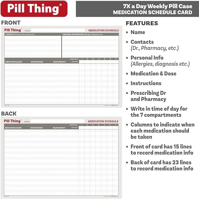 7 Times a Day Weekly Pill Box Organizer Case, Secure 7X Pillbox with Medication Schedule (7 Time-a-Day 2 Pack)