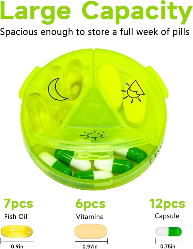 2 Pack Large Weekly Pill Organizer Medicine Container, Clear Round Daily Pill Organizer 7 Day 3 Times A Day with 21 Compartments, BPA Free Medication Storage to Hold Vitamin, Oils, Supplement