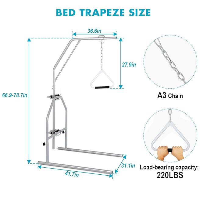 FAHKNS Heavy Duty Trapeze Bar for Bed Mobility - Adjustable Trapeze Bar，Trapeze Bars for Elderly, Post Operative & Injury Rehabilitation，Maximum Load Capacity 220 LBS