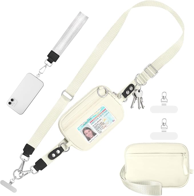 Tiostep Clip and Go Strap for Phone with Wallet Crossbody Phone Lanyard Adjustable and Detachable RFID Wristlet Wallet (Beige, Medium)