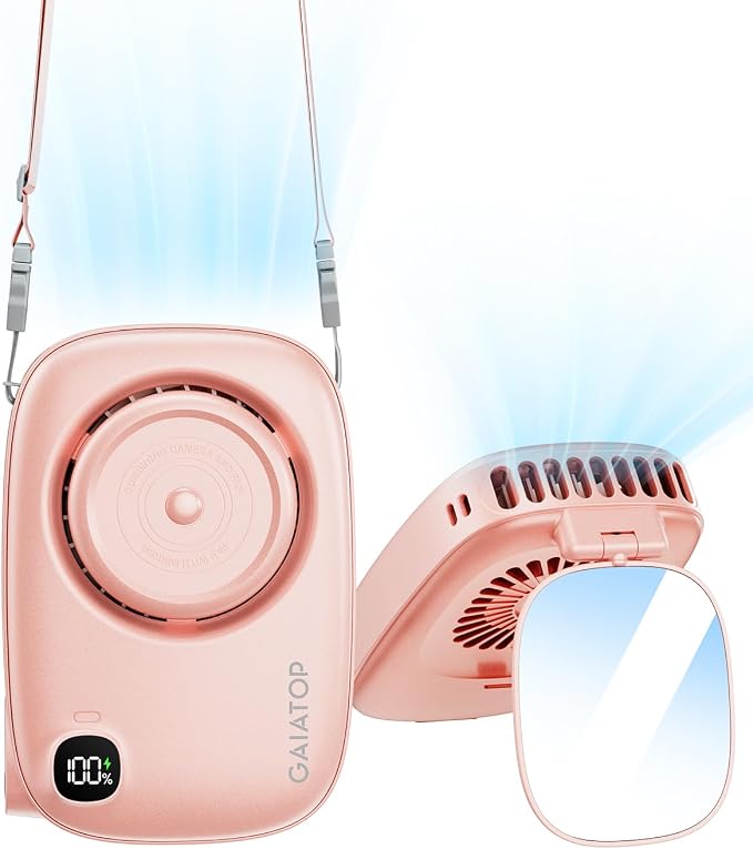 Gaiatop Mini Neck Fan, LED Makeup Mirror, Power Display Portable Fan Pink | 3 Speeds, 360° Rotate Mirror for Handheld Desk Use, Rechargeable Small USB Fan, Personal Cooling Travel Essentials Women Gift
