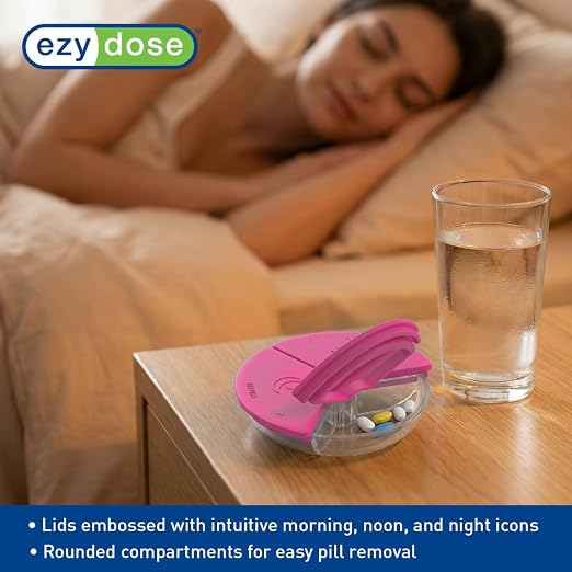 Ezy Dose Weekly (7-Day) Daily Pill Case, Medicine Planner, Vitamin Organizer Container, Compact Round Containers with Flexible Lids and Removable Compartments, 3 Times a Day, Pink, BPA Free