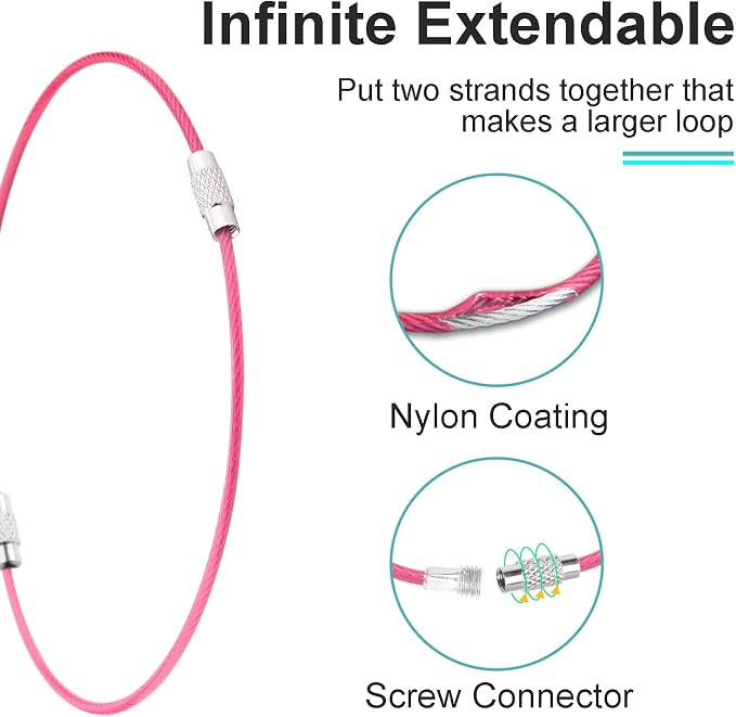 CooBigo 12 Pack Stainless Steel Loops 2mm Coated Wire Keychain Cable Large Key Rings 6 inch Key Chain for Women, Luggage Tags, Key Tags, Keyrings, Kitchen Utensils, Duster - Pink