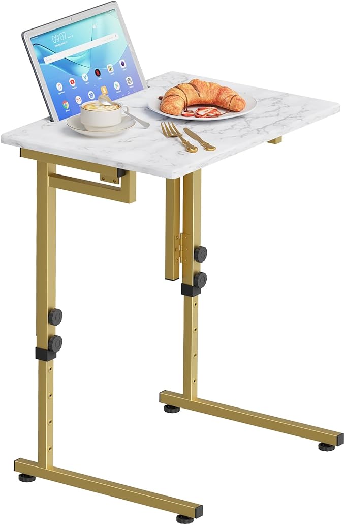 Folding tv Tray Dinner Snack Table,6 Height Adjustable Slide Under Couch Side Table, Portable Small Foldable C-Shaped End Table for Eating with Sturdy MDF Top,No Assembly(White Marble+Gold)