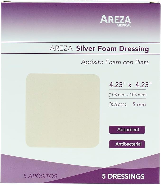Areza Medical - Silver Foam Wound Dressing Pad - Sterile - 4.25" X 4.25" (10.8 cm X 10.8 cm) - 5 PCS per Box