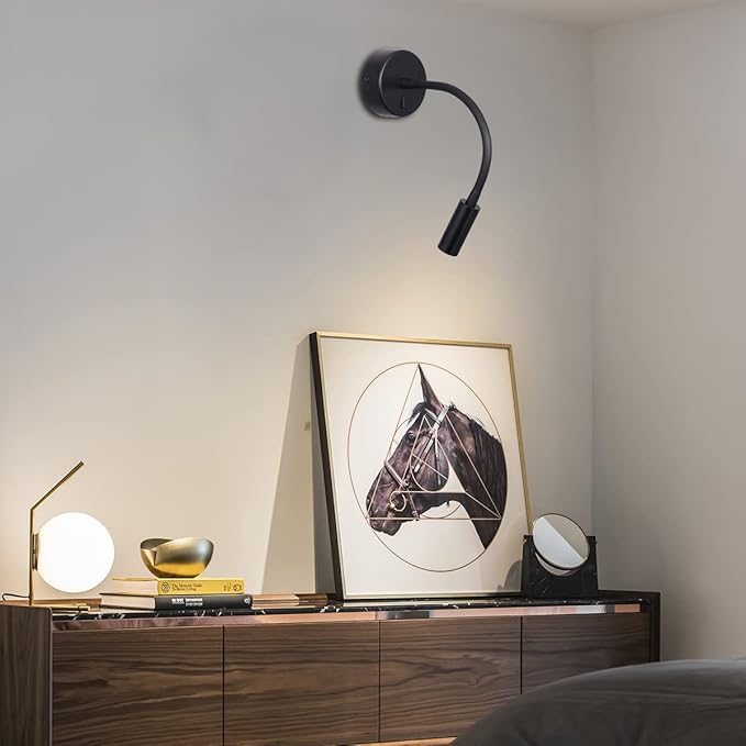 Wall Mounted Reading Lamp LED 3W Warm White 3000K Hardwired for Reading Matt Black(Black Hard-Wired 2PCS)