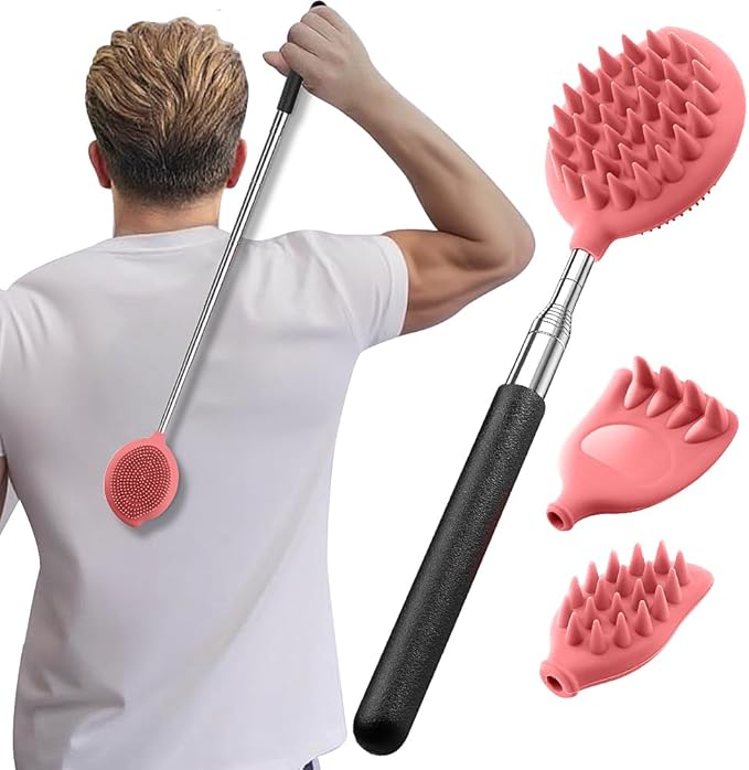 Back Scratcher with 3 Detachable Scratching Heads Silicone Massager Extendable Telescoping for Itches Lotion Application Spa Whole Body Seniors The Disabled Baby Men Women Kids Adults Pink