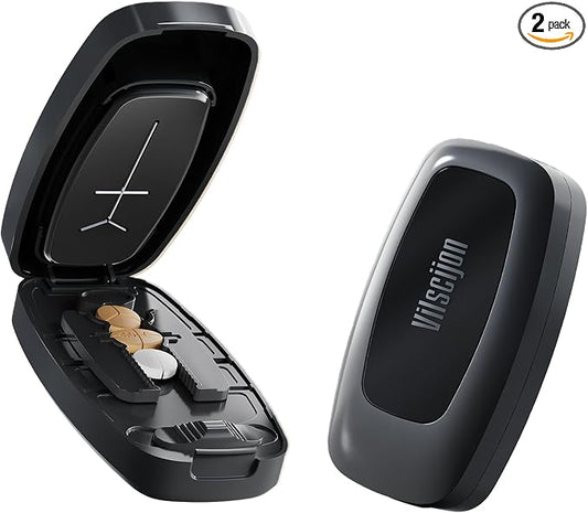 Pill Cutter Splitter for Small and Tiny Pills - Pill Cutter 1/4 - Accurately Cuts Multiple Pills - Easy Open Snap Button. Detachable Nonslip V-Shaped Pad. Wrap-Around Blade Guard. Back Storage (Black)