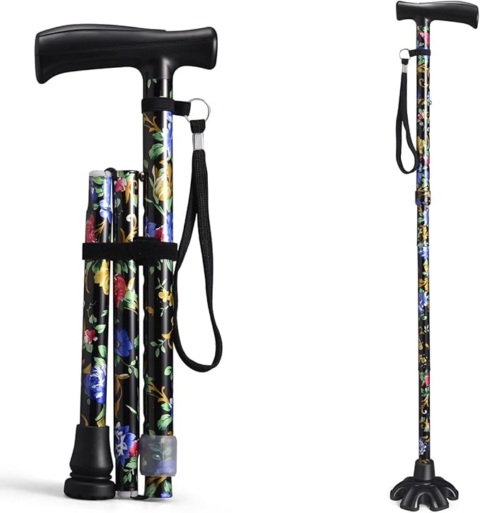 Floral Canes for Women Folding Cane for Stability with Non-Slip Base, Adjustable Walking Cane for Seniors - Lightweight Collapsible Walking Sticks with T & Offset Handle