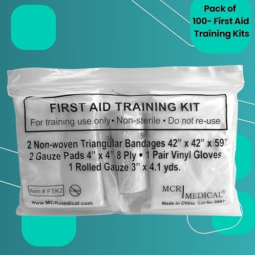 First Aid Training Kit w/Roller Gauze w. Gauze Pads and Triangular Bandages and Gloves 100-Pack MCR Medical