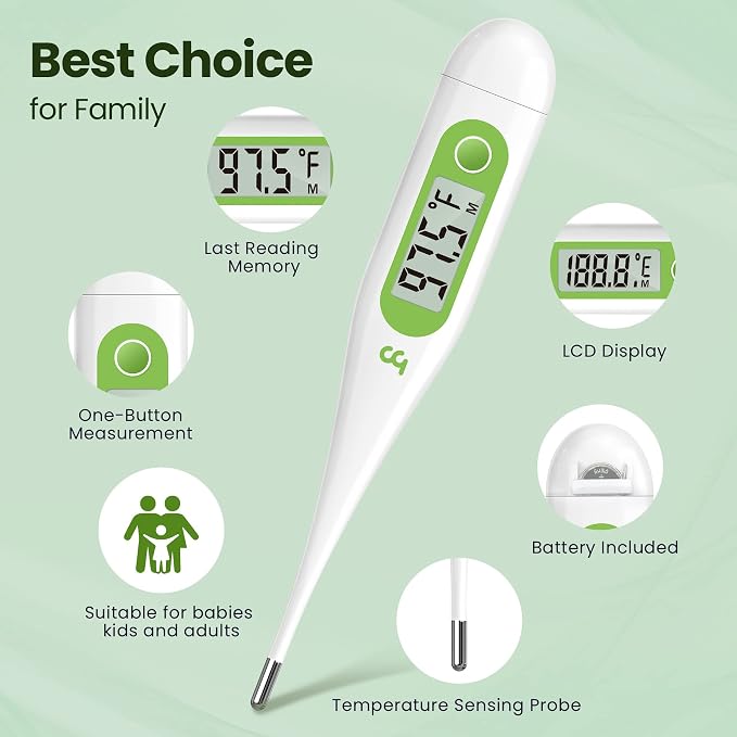 Femometer Digital Thermometer for Adults and Kids, Green | Fever Alert, Memory Recall, C/F Switchable, for Oral, Rectal or Under Arm Use