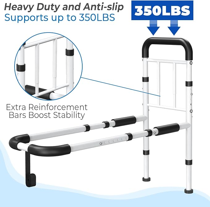 Bed Rails for Elderly Adults Safety - ASTM Approved, 350 LBS Capacity, Tool-Free Assembly, Non-Slip Ergonomic Handle with Storage Pocket, Safe Bed Rails for Seniors