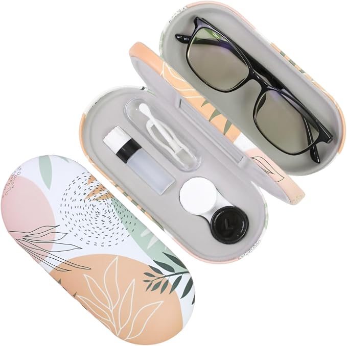 2 in 1 Contact Lens Case and Eyeglasses Case for Women Men Kids, Double Sided Hard Shell Portable Glasses Travel Holder with Built-in Mirror, Contact Lens Box Storage Kit, Boho Leaf