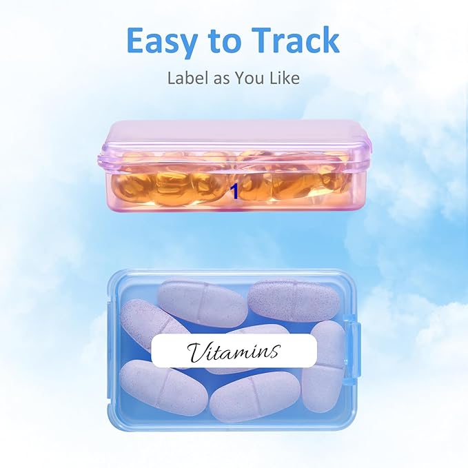 Fullicon Small Pill Case for Purse, Travel Medicine Pill Organizer, Weekly 7 Day Daily Pill Box, Pocket Pharmacy Pill Container Dispenser Holder with Labels (Clear Rainbow)