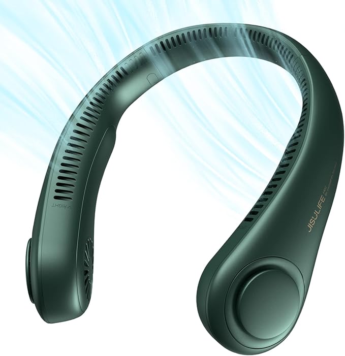 JISULIFE Portable Neck Fan, Hands Free Bladeless Fan, 5 Speeds, 4000 mAh | Battery Operated Wearable Personal Fan, Twistable, Rechargeable Travel Essentials, Gifts for Women Men-Dark Green