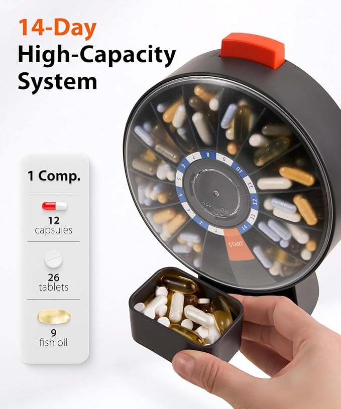 Pill Dispenser 14 Day – Rotating Medicine Organizer Wheel with Push Button | Wall Mounted or Desktop Manual Pill Dispenser for Elderly & Seniors, Large Capacity Vitamin & Medication Organizer