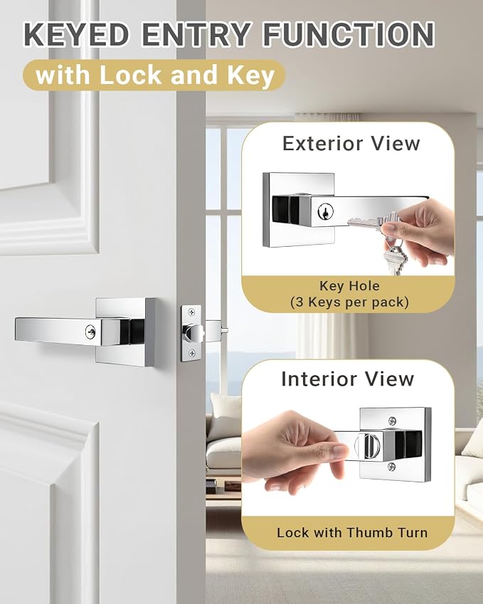 KNOBWELL 1 Pack Polished Chrome Door Handle with Lock and Key Front Door Square Keyed Entry Doorknob