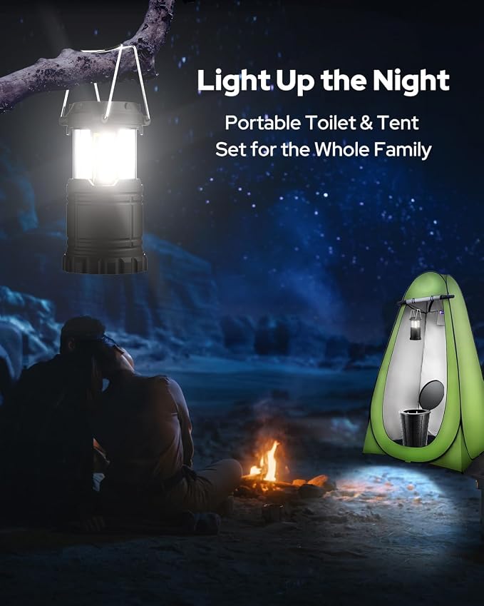 Adjustable Portable Toilet with Privacy Tent for Camping, Car Travel, Hiking, Includes 12 Waste Bags & 12 Urine Solidifiers, Camping Lantern
