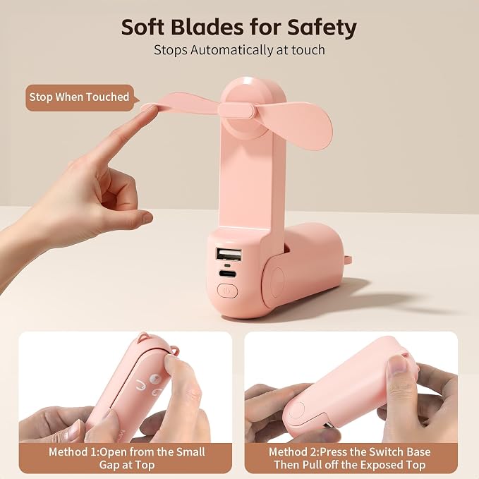 Morelax Portable Fan, Mini Handheld Fan with Power Bank, Cute USB Rechargeable Pocket Fan, Foldable Small Cooling Fan with LED Light, Personal Travel Fan,Summer,Beach Essentials,Summer Gift for Women