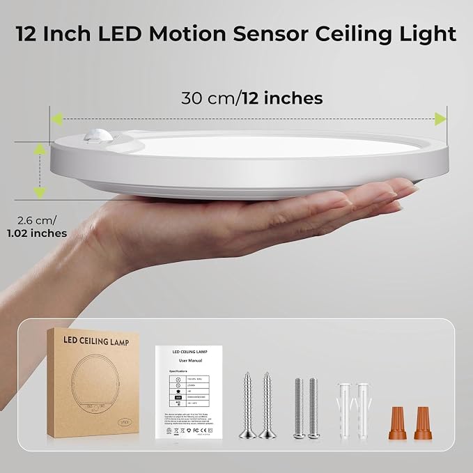 hepside 4 Pack Motion Sensor Ceiling Light Wired, 3000K/4000K/6500K LED Flush Mount Ceiling Light Fixture, 12Inch 24W Motion Sensor Light with Timer for Closet Stair Porch Hallway Pantry,White