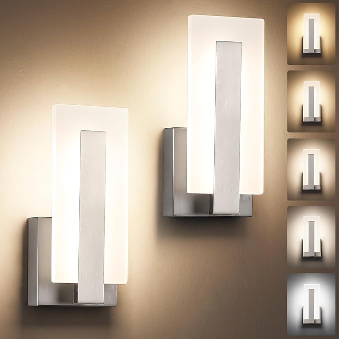 Joosenhouse Modern LED Wall Sconces, Set of Two, 5CCT Dimmable Hardwired Wall Mounted Lights, 9.76 Inch Brushed Nickel Indoor Fixtures for Hallway, Bedroom, Study, Living Room, ETL Listed