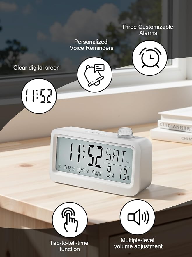 Medication Pill Reminder, Rechargeable Talking Alarm Clock with 3 Custom Voice Recording Alarms, Touch-to-Talk, a Digital Alarm Clocks Gift for Mom/Dad/Seniors/Elderly(White)