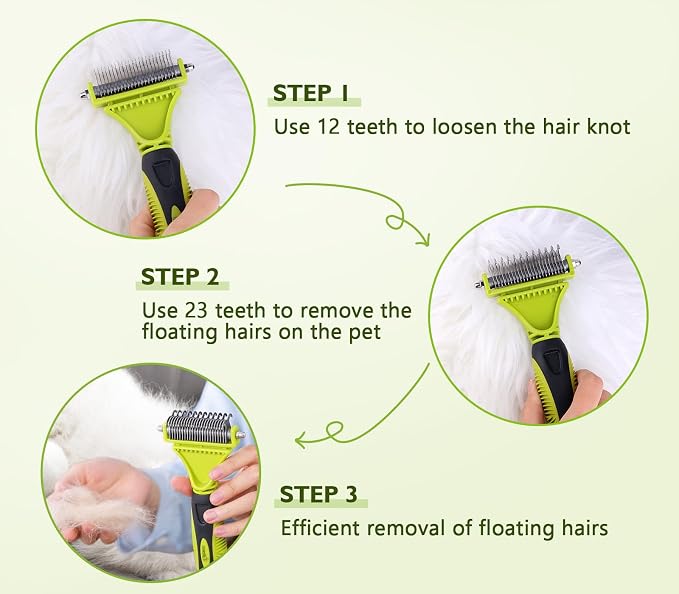Pecute Double-Sided Undercoat Rake for Dogs & Cats with Thick Double Coats | 12/23-teeth removes mats & undercoat, 304 stainless steel, Gentle on skin, For heavy shedding, long/thick/double coats
